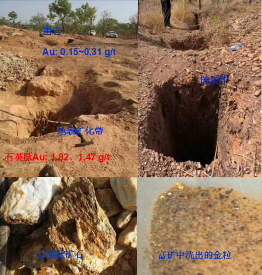 阳光创译-Au-3矿体地表民采井、矿石及现场掏出的金粒 阳光创译-Au-3矿体地表民采井、矿石及现场掏出的金粒